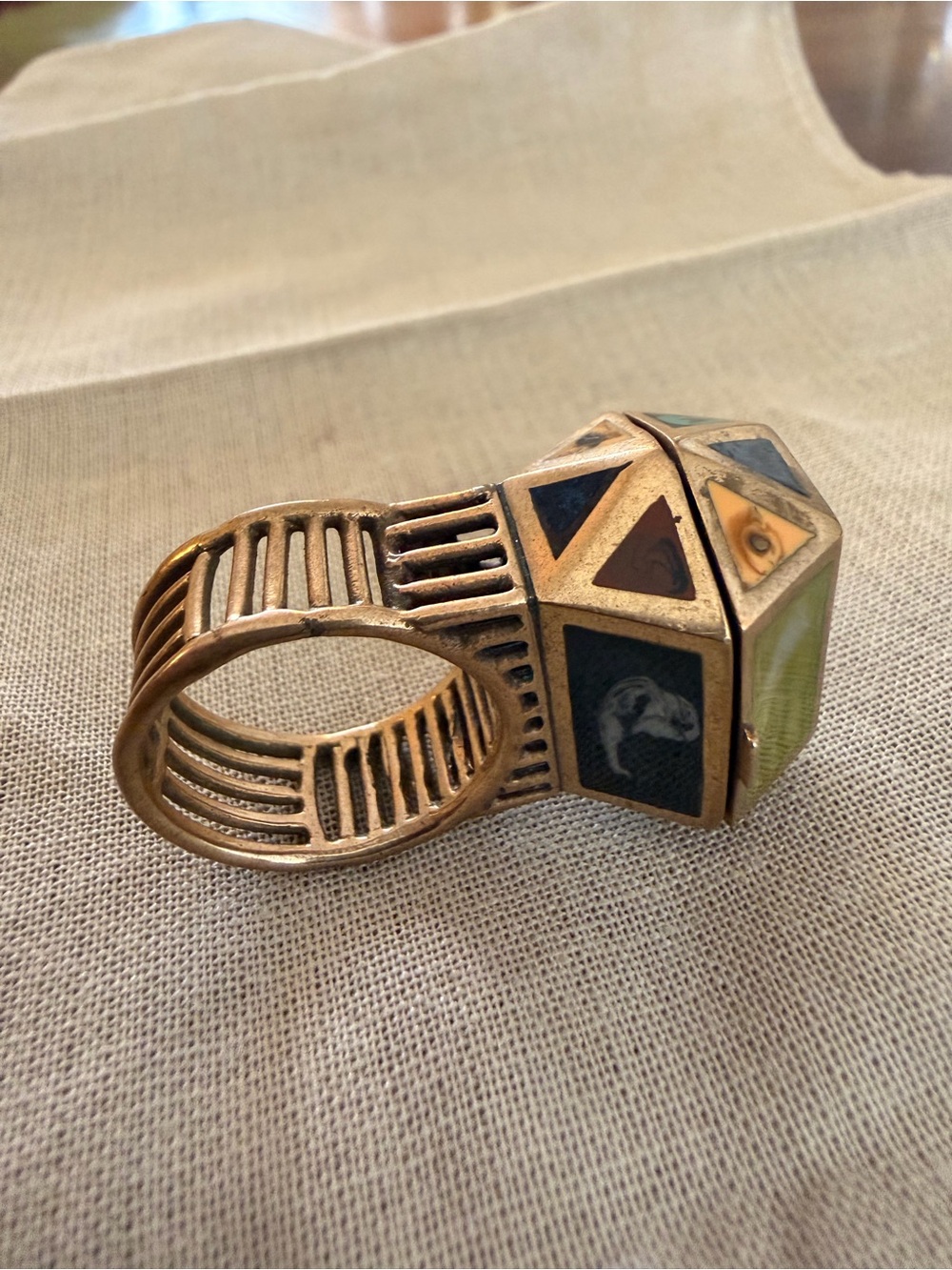 Vintage Geometric Secret Compartment Ring with Gemstone Inlay